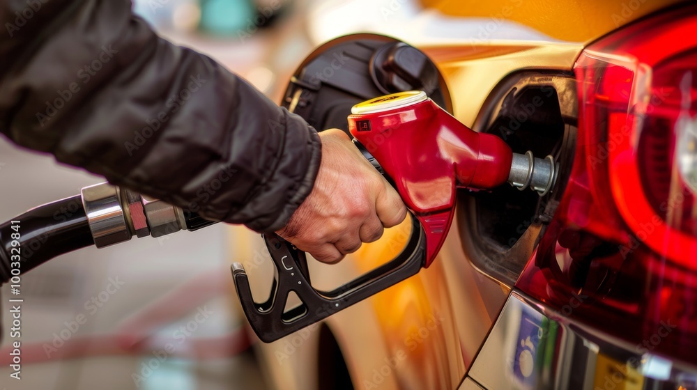 A person refuels a vehicle with a red fuel nozzle at a gas station, highlighting refueling, cars, energy consumption, and transportation in a modern setting. A person refuels a vehicle with a red fuel nozzle at a gas station, highlighting refueling, cars, energy consumption, and transportation in a modern setting.