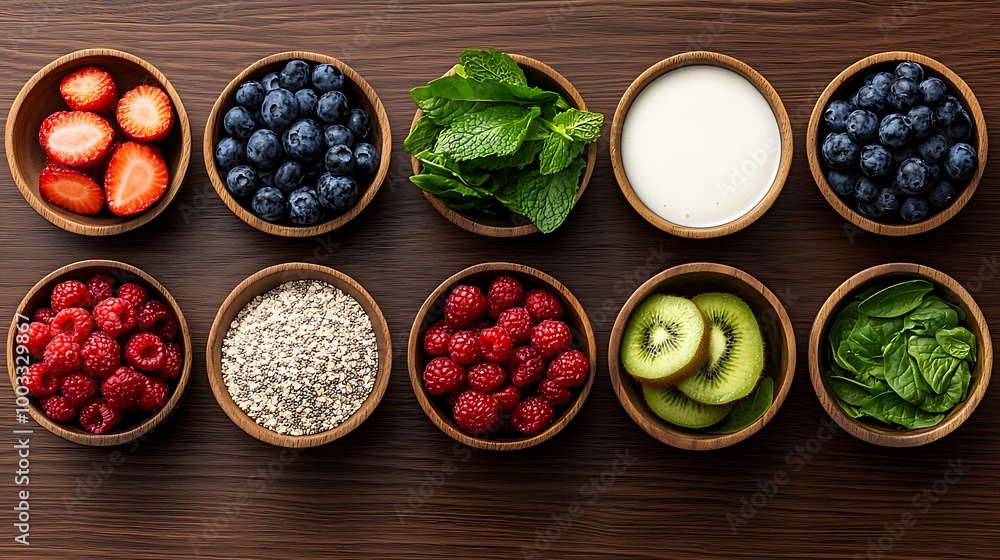 Healthy smoothie ingredients are beautifully arranged in wooden bowls, offering a top-down view. Healthy smoothie ingredients are beautifully arranged in wooden bowls, offering a top-down view.