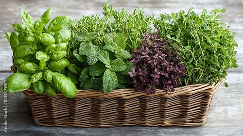 Fresh herbs like basil, mint, thyme, and chives fill a wicker basket, fragrant and green.