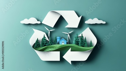An illustration depicting sustainable energy sources, featuring a house surrounded by trees and wind turbines within a recycling symbol on a teal backdrop.