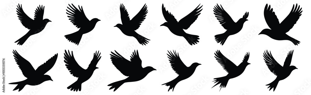 Bird silhouettes set, flying pack of vector silhouette design, isolated background. Bird silhouettes set, flying pack of vector silhouette design, isolated background.