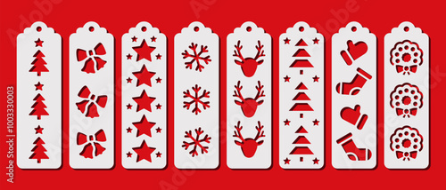 Set of 8 Christmas vertical bookmarks. Laser cut template. Decorative bookmark stencil for paper, wood and metal cutting. Vector design with winter pattern