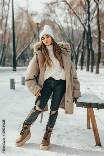 Young adult woman sits on chair in stylish winter outfit. She wears white sweater, black pants, knitted shoes. Her elegant pose, beautiful facial expression convey sense of confidence, sensuality. photo