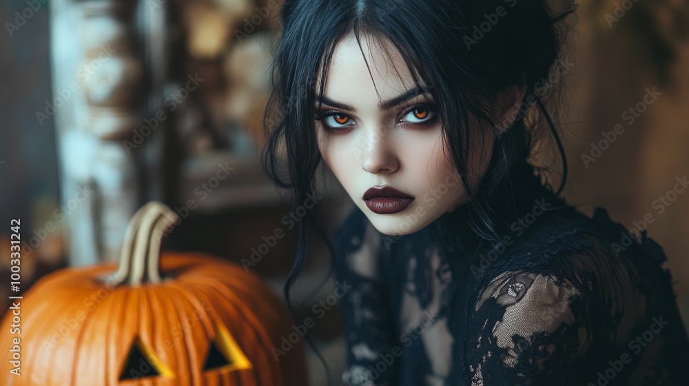 Dark Gothic Halloween Aesthetic with Pumpkins and Mysterious Girl Dark Gothic Halloween Aesthetic with Pumpkins and Mysterious Girl