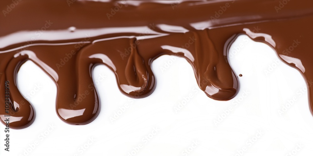 Melted chocolate drips on white surface. Brown liquid flows in drops, forming a sticky stain. The sweet syrupy liquid has a shiny appearance on the white background. Melted chocolate drips on white surface. Brown liquid flows in drops, forming a sticky stain. The sweet syrupy liquid has a shiny appearance on the white background.