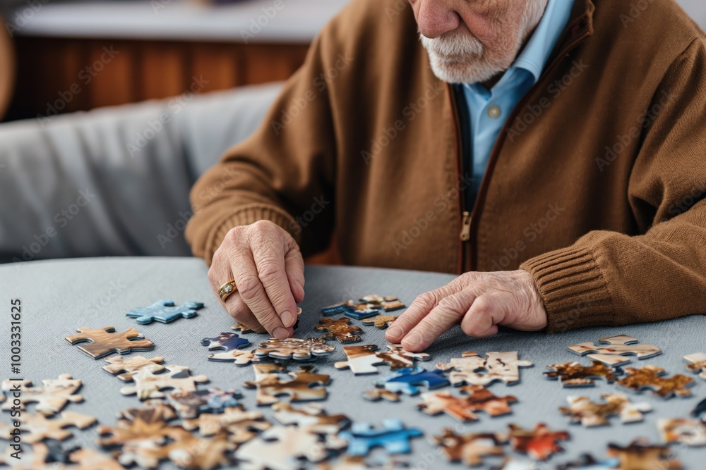 Senior man plays with jigsaw puzzle on table in living room. Person with grey hair concentrates on fitting pieces together. Casual attire, relaxed atmosphere. Senior man plays with jigsaw puzzle on table in living room. Person with grey hair concentrates on fitting pieces together. Casual attire, relaxed atmosphere.
