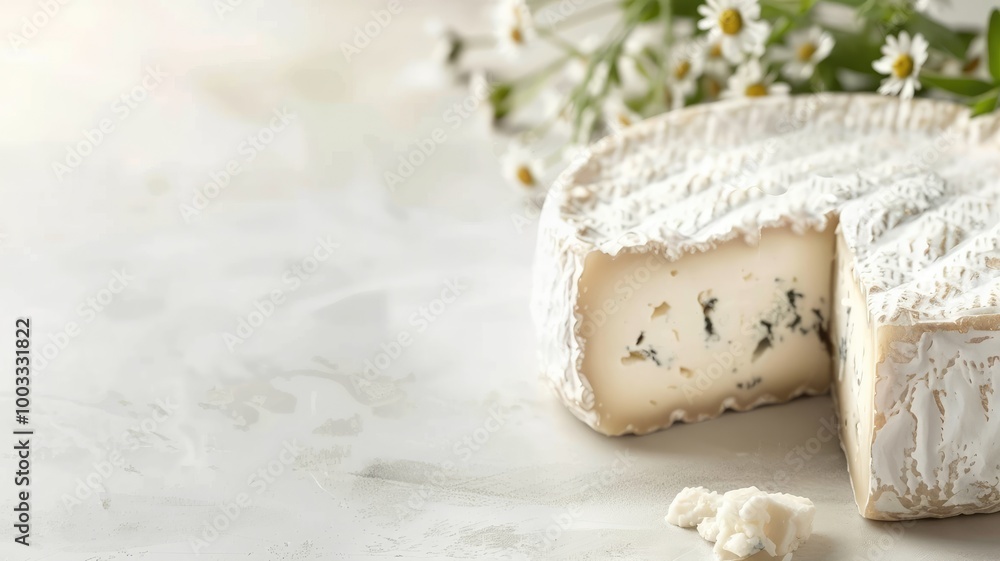 Wedge of soft cheese with herbs on light surface, accompanied by flowers Wedge of soft cheese with herbs on light surface, accompanied by flowers