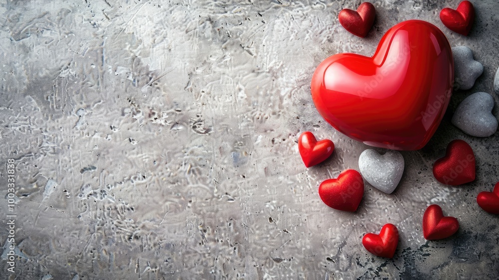 Large red heart among smaller white and hearts on textured surface Large red heart among smaller white and hearts on textured surface