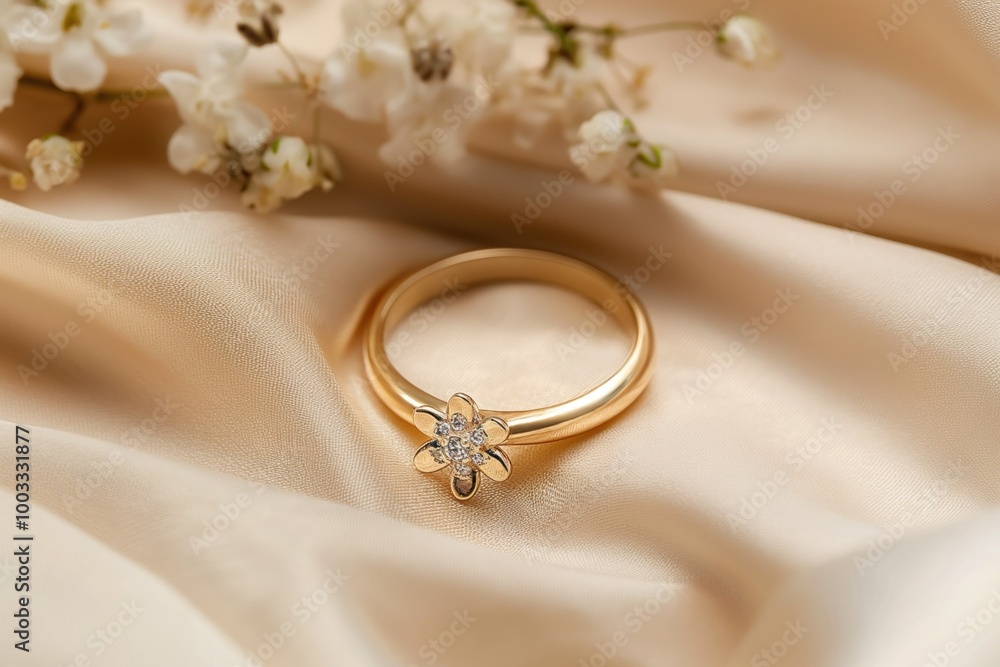 Golden engagement ring with delicate flowers on beige fabric background in close-up. Elegant accessory symbolizing love and romance. Beautiful gemstone on soft fabric, romantic proposal idea. Golden engagement ring with delicate flowers on beige fabric background in close-up. Elegant accessory symbolizing love and romance. Beautiful gemstone on soft fabric, romantic proposal idea.