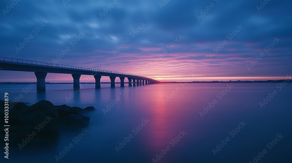 Graceful bridge spanning peaceful waters during golden hour sunset picture Graceful bridge spanning peaceful waters during golden hour sunset picture