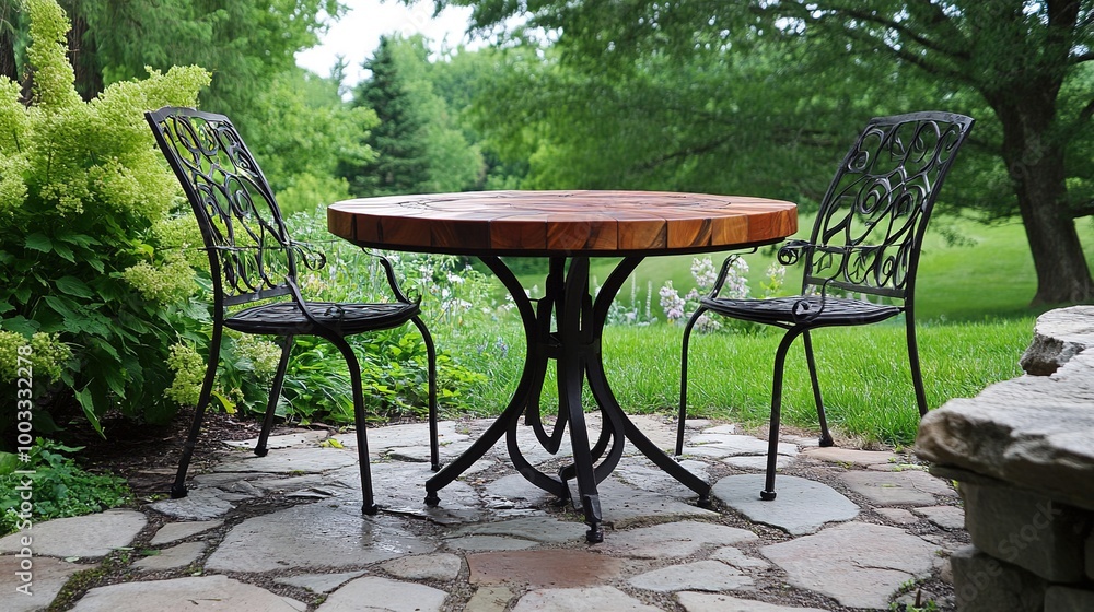 A beautifully designed patio table set in an outdoor space, perfect for dining and relaxation. The table showcases a stylish surface, complemented by comfortable chairs, A beautifully designed patio table set in an outdoor space, perfect for dining and relaxation. The table showcases a stylish surface, complemented by comfortable chairs,