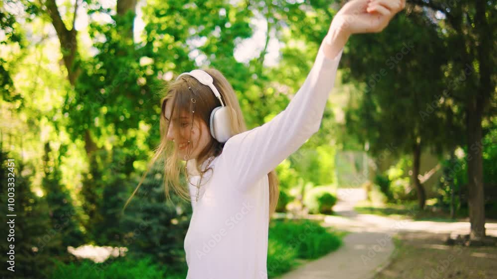 Cheerful young red-haired woman in stylish headphones shines with joy while listening to music and dancing in green park. Cheerful young red-haired woman in stylish headphones shines with joy while listening to music and dancing in green park.