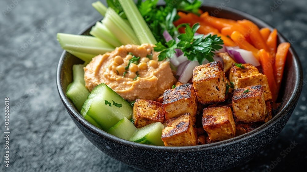 A vibrant and appetizing spread featuring peanut-flavored tofu, perfectly roasted baby potatoes, fresh carrot slices, sautéed onions, crunchy celery, and garnished with parsley. A vibrant and appetizing spread featuring peanut-flavored tofu, perfectly roasted baby potatoes, fresh carrot slices, sautéed onions, crunchy celery, and garnished with parsley.