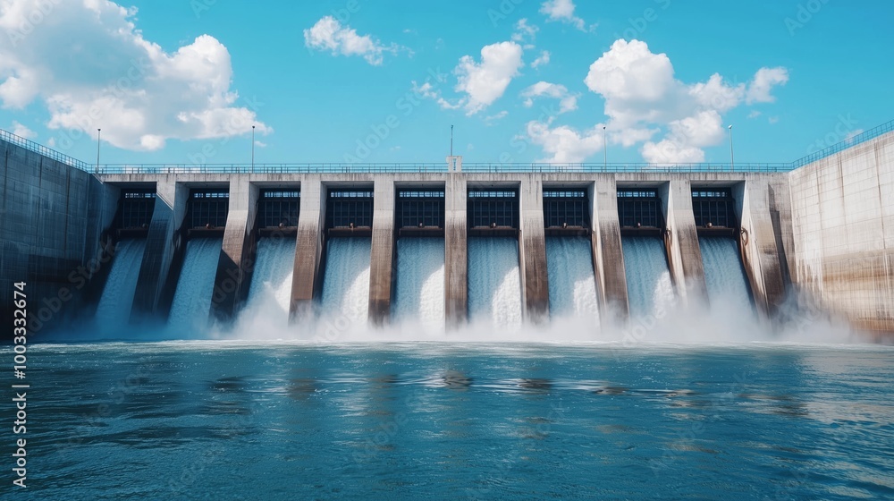 Dam Gates Open With Water Flowing Over Blue Sky Dam Gates Open With Water Flowing Over Blue Sky