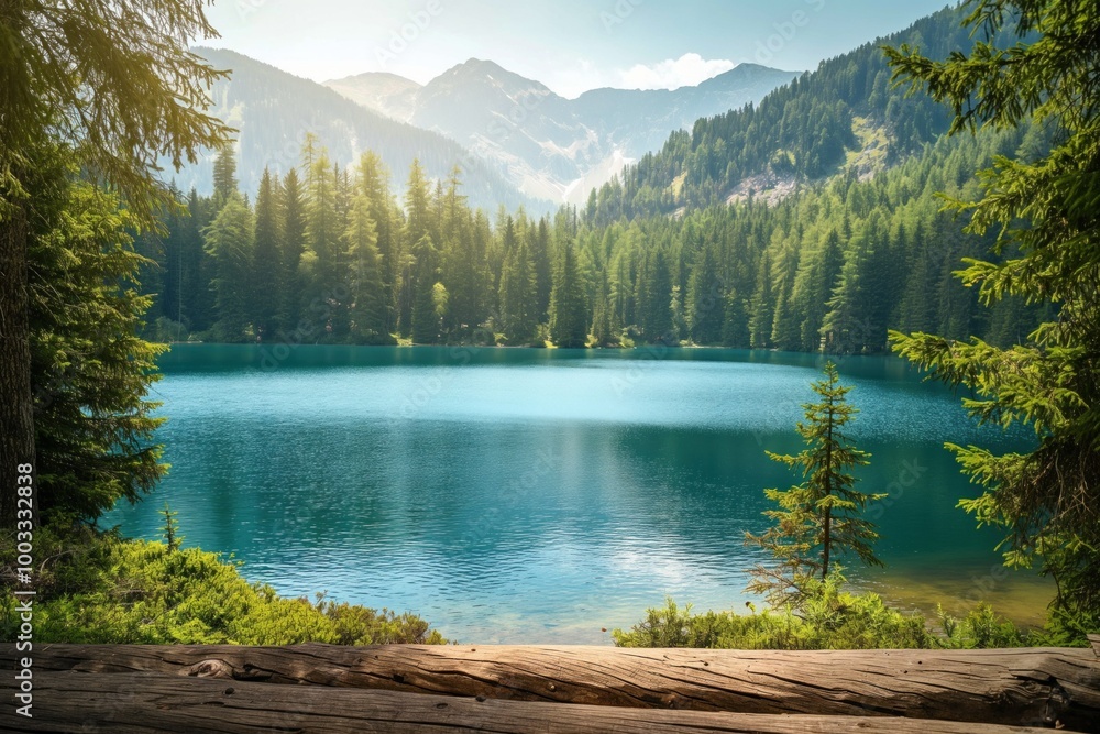 Mountain lake in serene forest landscape with calm water, surrounding trees. Panoramic view of natural scenery with sunlight filtering through leaves. Peaceful atmosphere of wilderness with wooden Mountain lake in serene forest landscape with calm water, surrounding trees. Panoramic view of natural scenery with sunlight filtering through leaves. Peaceful atmosphere of wilderness with wooden