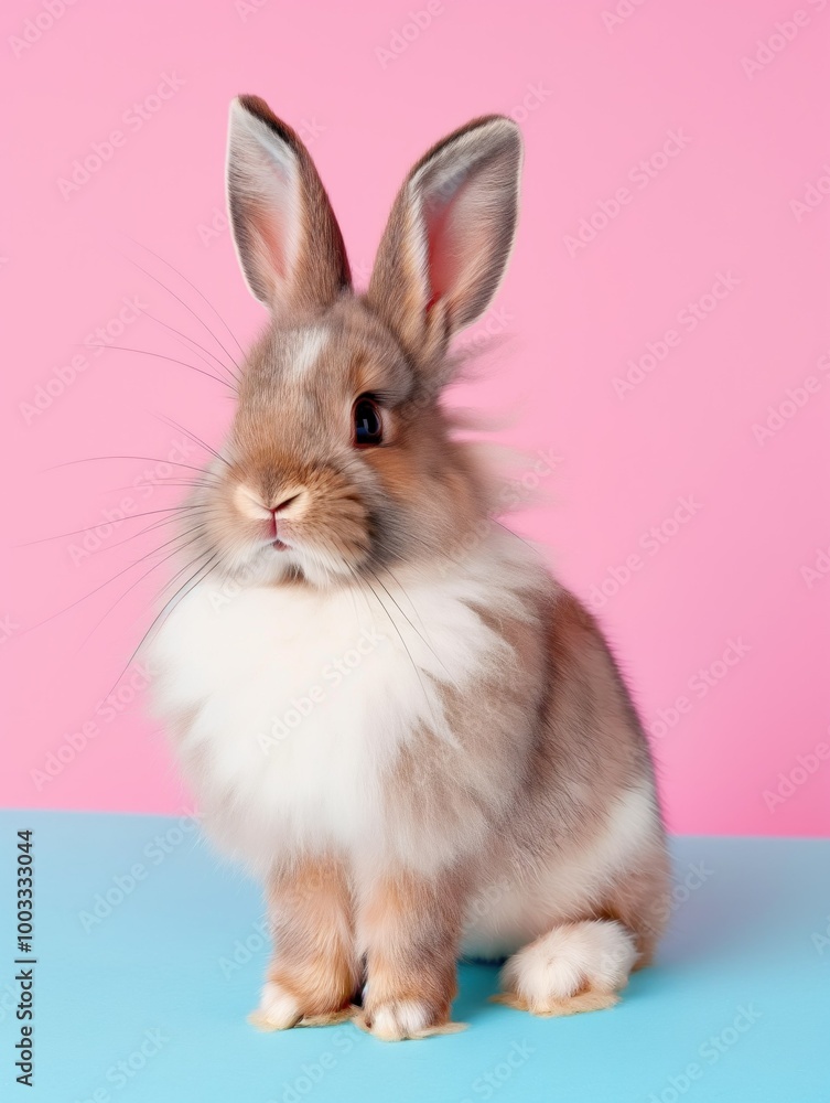Fototapeta premium Adorable fluffy rabbit stands on colorful background. Cute domestic mammal with soft fur. Rabbit is small, curious creature, symbol of nature, farm, Easter. Cute fluffy rabbit on colorful background.