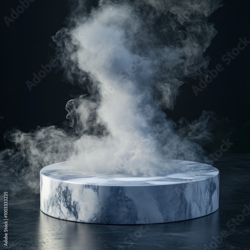 White marble pedestal with smoke on dark background. 3d rendering