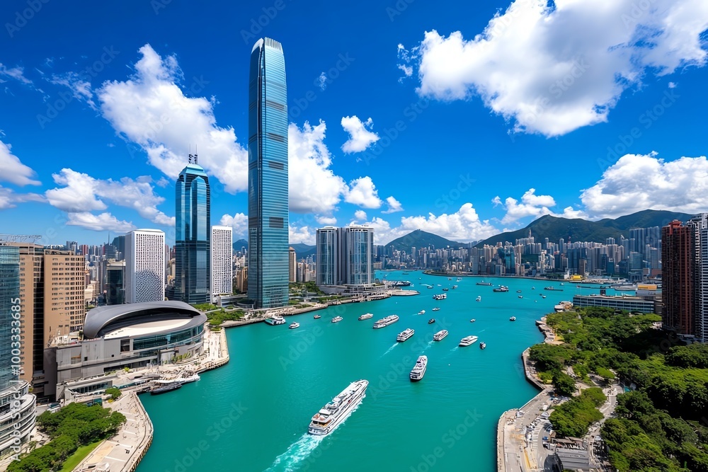 Obraz premium A panoramic view of a coastal urban skyline, with boats in the harbor and towering buildings lining the waterfront