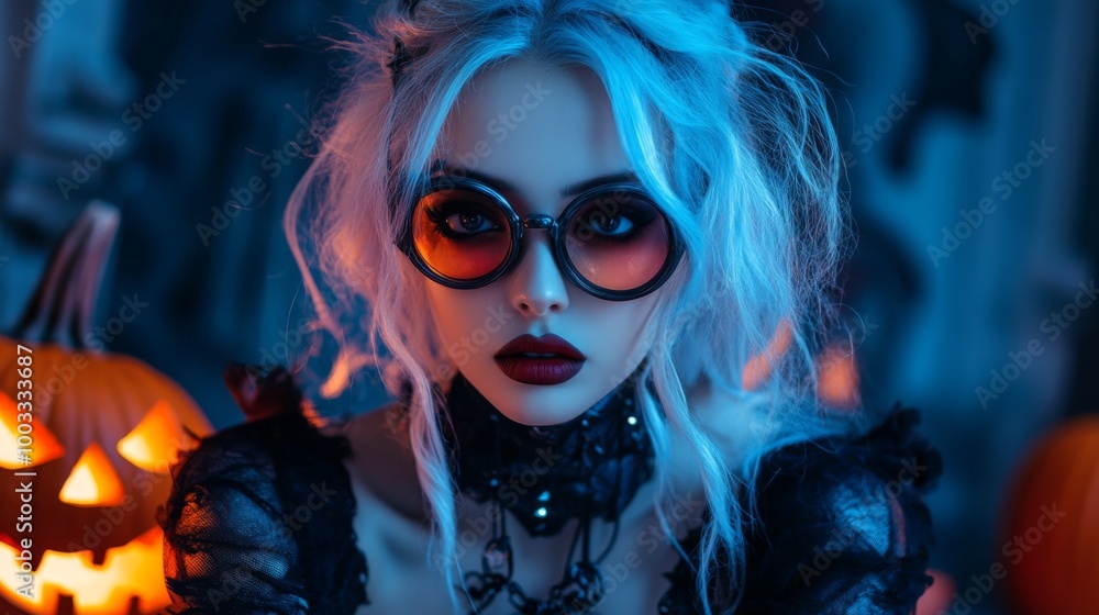 Dark Gothic Halloween Aesthetic with Pumpkins and Mysterious Girl Dark Gothic Halloween Aesthetic with Pumpkins and Mysterious Girl
