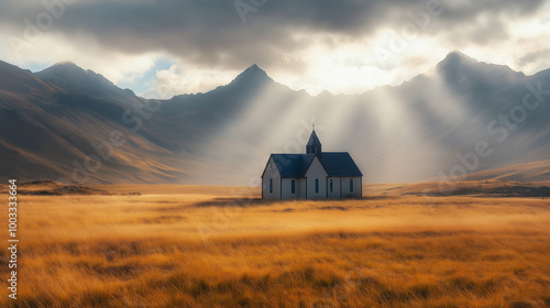 Dawn serene meadow unfolds beneath the sky, where mist gently blankets grass, framing church building embodies beauty of nature, spirit Christianity as sunrise casts a warm glow over landscape.