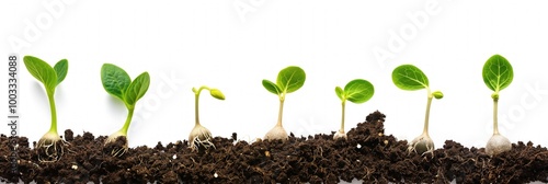 Seedling grows in soil on white background. Multiple stages of development from germ bud to sapling. Soil texture, root growth, leaves emerge from fertile earth. Isolated on white background, banner