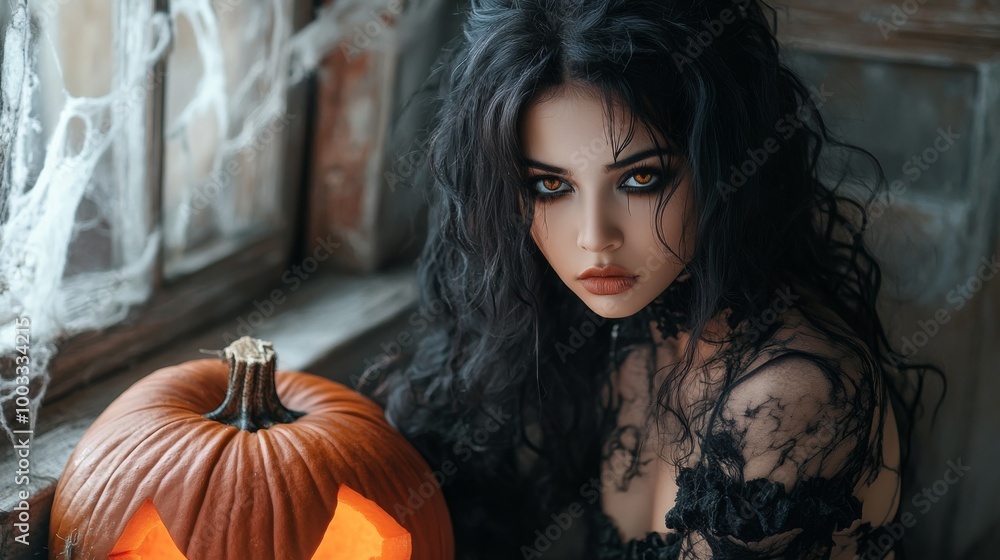 Dark Gothic Halloween Aesthetic with Pumpkins and Mysterious Girl