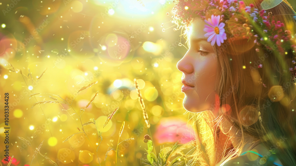 Fototapeta premium Young woman with floral headband in sunlight