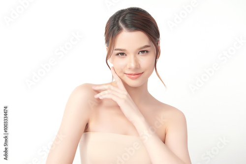 Beautiful young asian woman with clean fresh skin on white background, Face care, Facial treatment, Cosmetology, beauty and spa, Asian women portrait.