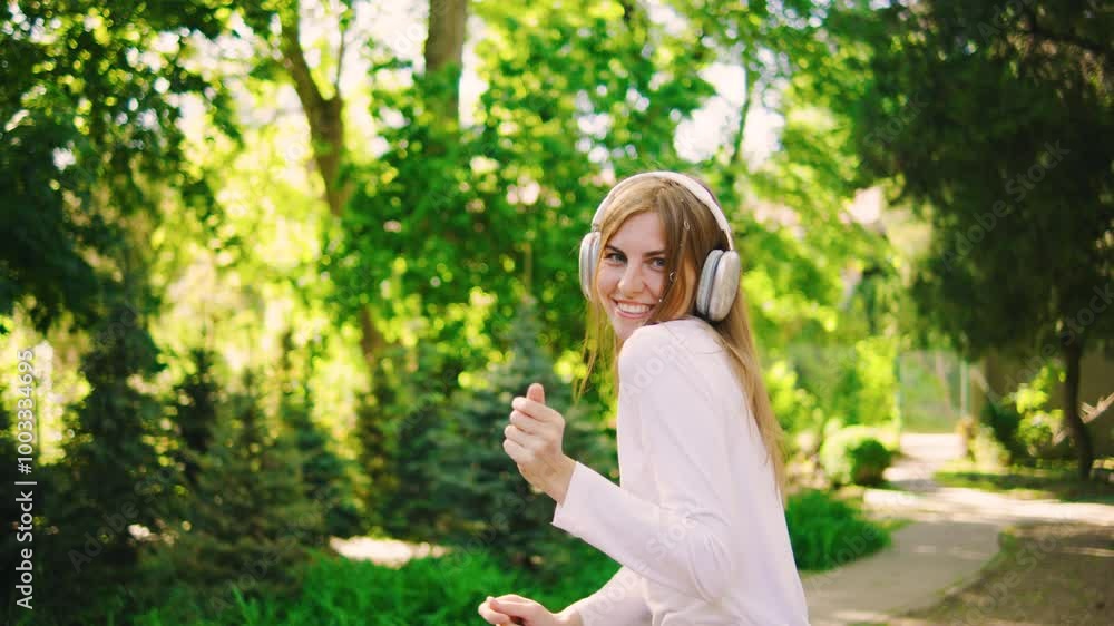 Cheerful young red-haired woman in stylish headphones shines with joy while listening to music and dancing in green park.