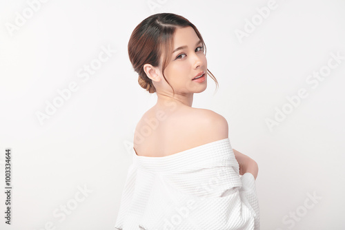 Beautiful young asian woman with clean fresh skin on white background, Face care, Facial treatment, Cosmetology, beauty and spa, Asian women portrait.