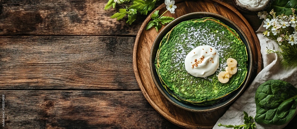 Green Pancakes with Whipped Cream and Banana Green Pancakes with Whipped Cream and Banana