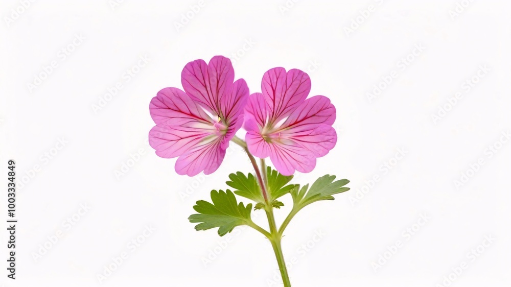 Two delicate pink flowers with green leaves on white background. Two delicate pink flowers with green leaves on white background.