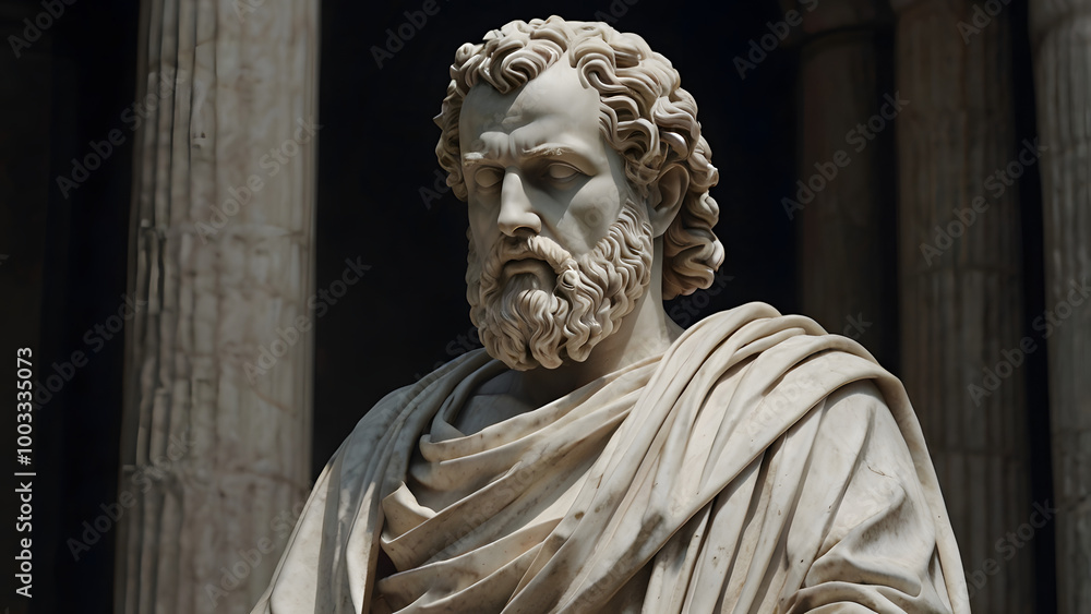 Marble Statue of a Stoic Philosopher in Classical Roman or Greek Robes, Expressing Wisdom and Contemplation. A Realistic Sculpture Featuring Detailed Facial Features, Symbolizing Ancient Philosophy . Marble Statue of a Stoic Philosopher in Classical Roman or Greek Robes, Expressing Wisdom and Contemplation. A Realistic Sculpture Featuring Detailed Facial Features, Symbolizing Ancient Philosophy .