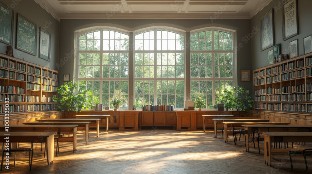 A large, empty classroom with large windows. The room is filled with light. A large, empty classroom with large windows. The room is filled with light.