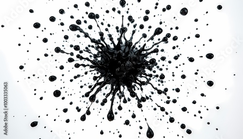 Artistic Burst of Black Ink Droplets Suspended Mid-Air, Glossy Texture on Transparent