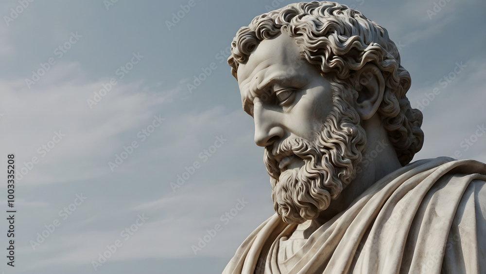 Marble Statue of a Stoic Philosopher in Classical Roman or Greek Robes, Expressing Wisdom and Contemplation. A Realistic Sculpture Featuring Detailed Facial Features, Symbolizing Ancient Philosophy . Marble Statue of a Stoic Philosopher in Classical Roman or Greek Robes, Expressing Wisdom and Contemplation. A Realistic Sculpture Featuring Detailed Facial Features, Symbolizing Ancient Philosophy .