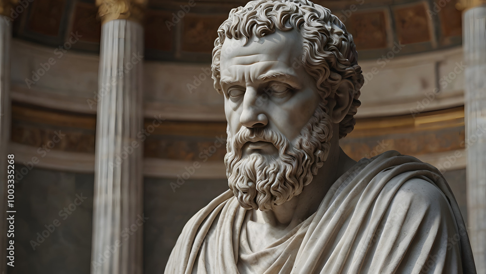 Marble Statue of a Stoic Philosopher in Classical Roman or Greek Robes, Expressing Wisdom and Contemplation. A Realistic Sculpture Featuring Detailed Facial Features, Symbolizing Ancient Philosophy . Marble Statue of a Stoic Philosopher in Classical Roman or Greek Robes, Expressing Wisdom and Contemplation. A Realistic Sculpture Featuring Detailed Facial Features, Symbolizing Ancient Philosophy .