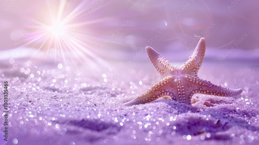 Starfish on purple glittery sand shines under bright sunlight Starfish on purple glittery sand shines under bright sunlight