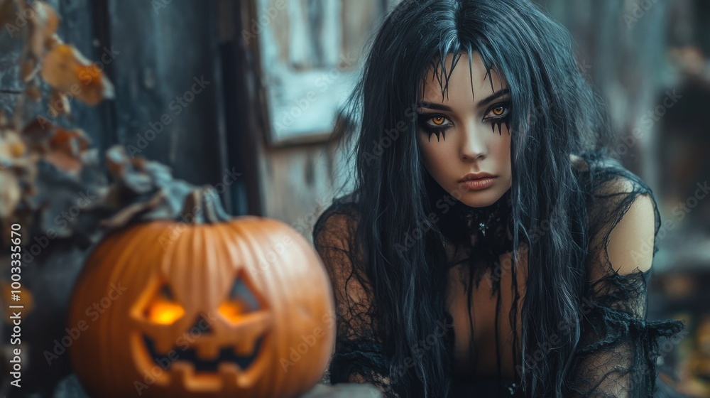 Dark Gothic Halloween Aesthetic with Pumpkins and Mysterious Girl Dark Gothic Halloween Aesthetic with Pumpkins and Mysterious Girl