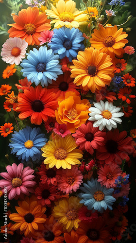 A vibrant bouquet of colorful flowers, perfect for a spring or summer celebration.