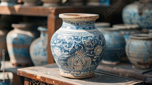 Antique Ming Dynasty Clay Pot with Blue Designs