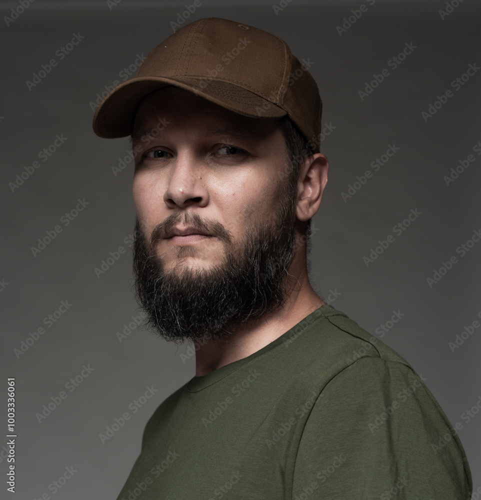 portrait of a bearded man in camouflage close-up portrait of a bearded man in camouflage close-up