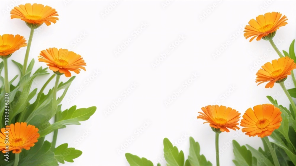 Orange flowers with green leaves on a white background.
