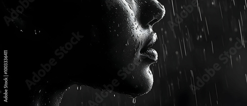 Close-up profile of woman’s face in the rain at night
