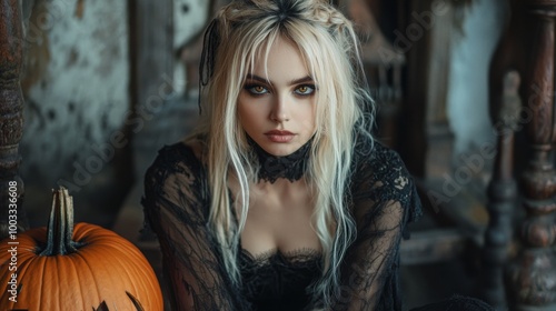 Dark Gothic Halloween Aesthetic with Pumpkins and Mysterious Girl