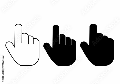 three cursor hand icons in a row. The first is a white striped hand, the second is a meaty black hand, and the third is a thick black hand, all pointing upwards.