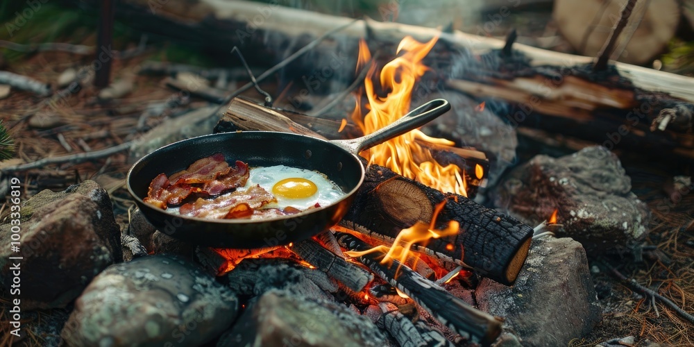 Preparing fried bacon and eggs in a skillet above an open flame in a forest setting. Preparing fried bacon and eggs in a skillet above an open flame in a forest setting.