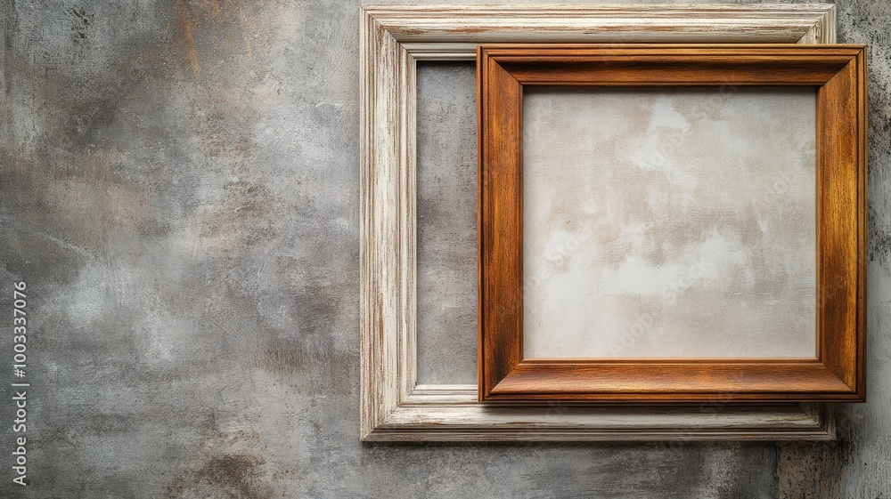 Two empty wooden frames on textured concrete wall Two empty wooden frames on textured concrete wall