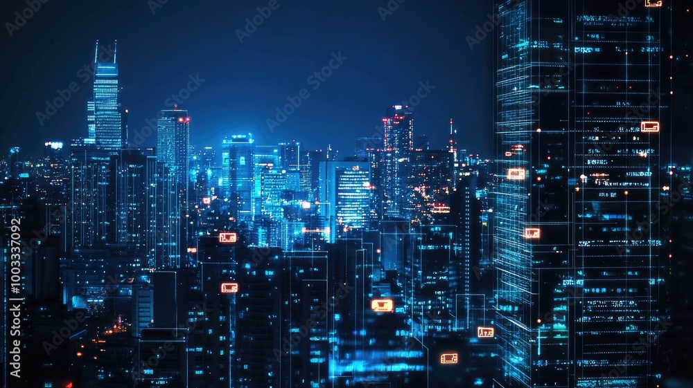 Vibrant city skyline at night with illuminated skyscrapers and digital signs Vibrant city skyline at night with illuminated skyscrapers and digital signs