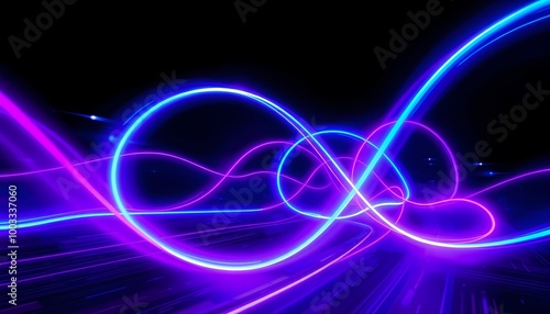 High-Speed Neon Light Waves, Curving Purple and Blue Energy Trails in Futuristic 3D Space